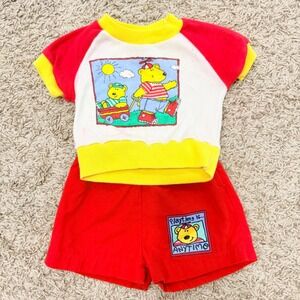 Vintage Toy Box Baby Boys Red Yellow Bear Graphic Shirt and Shorts Set 12M 90s